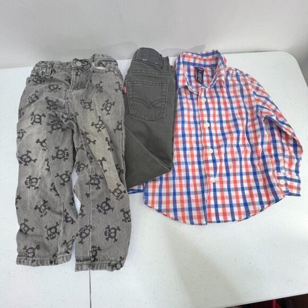 Lot‎ of 3 Boys Kids Clothes Jeans Shirt Levis 3T Gray Plaid Skulls Outfit